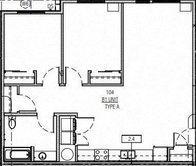 Floor plan for 2 beds, 1 bath, 944 sqft